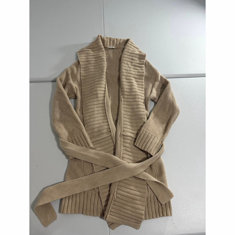 GAP Ribbed Knit Belted Cardigan Womens Sz L Tan Open Front Long Sleeve Sweater